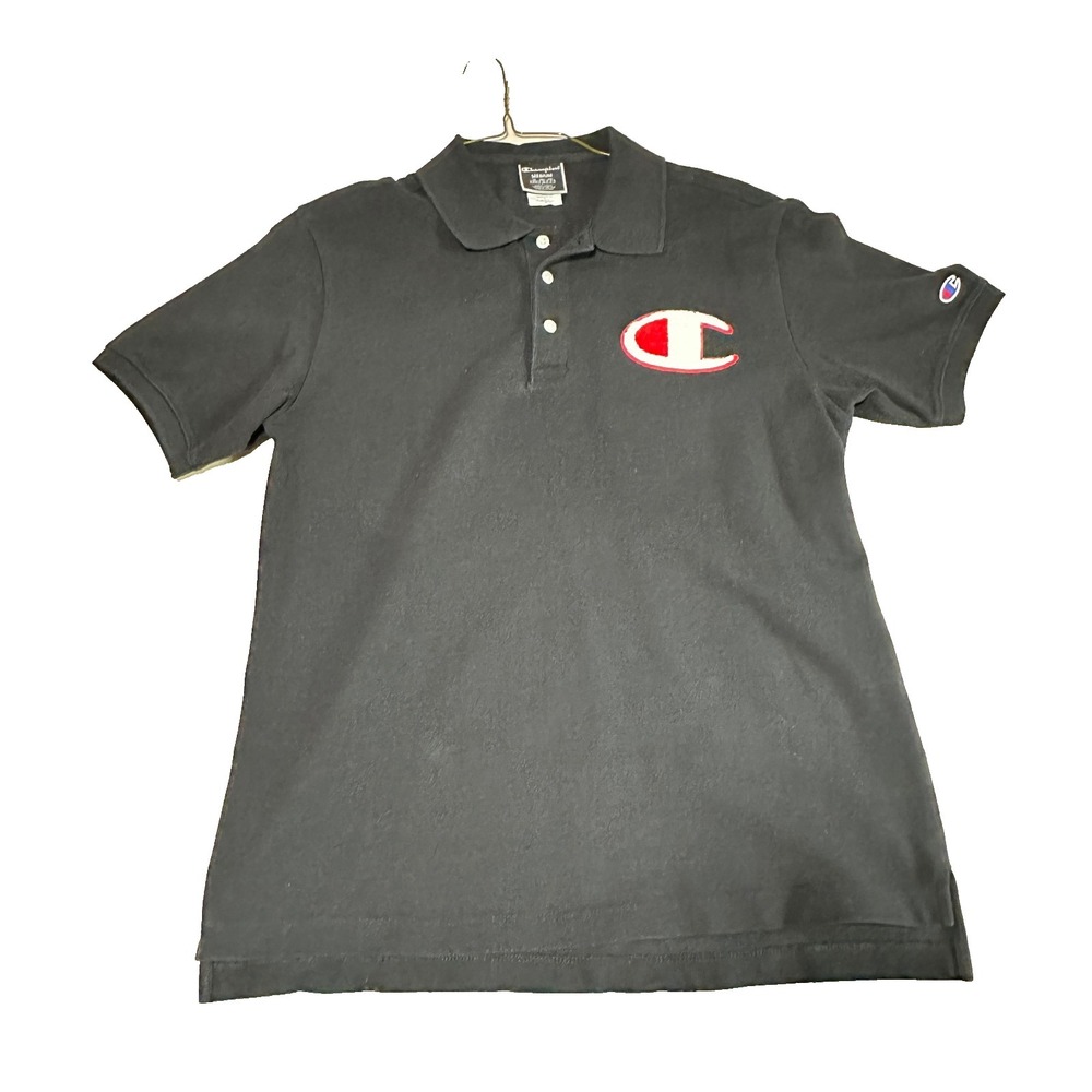 Champion Polo Shirt Mens Medium Black Red Embroidered Puffy Logo Short Sleeve